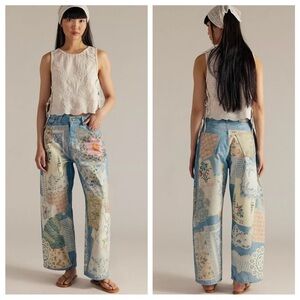 Free People Patchwork Flare Jeans - Blue and Cream
